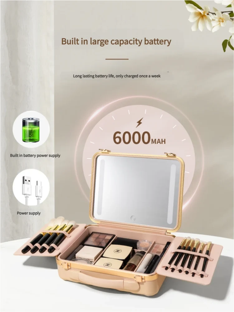 Portable vanity case with LED lighted mirror