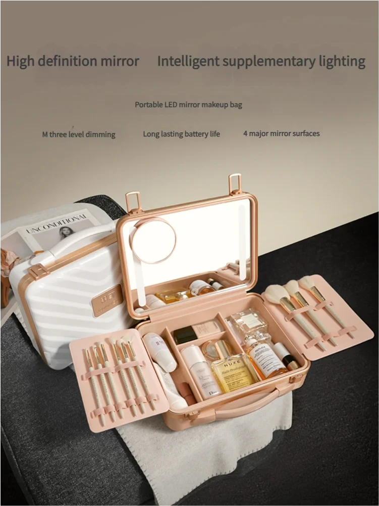 Portable vanity case with LED lighted mirror